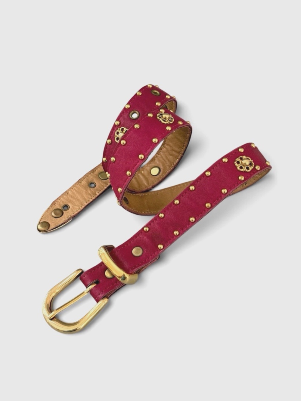 Vintage Sand Castle Magenta Pink Leather Belt Sz S 24-30” Gold Studded Western